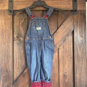 OshKosh B'gosh Denim Overalls Heart Pocket with Black and Red Print